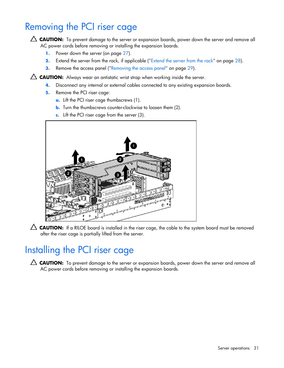 Removing the pci riser cage, Installing the pci riser cage | HP DL385 User Manual | Page 31 / 124