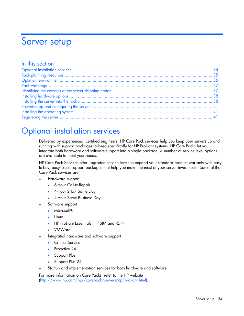 Server setup, Optional installation services | HP DL385 User Manual | Page 34 / 124