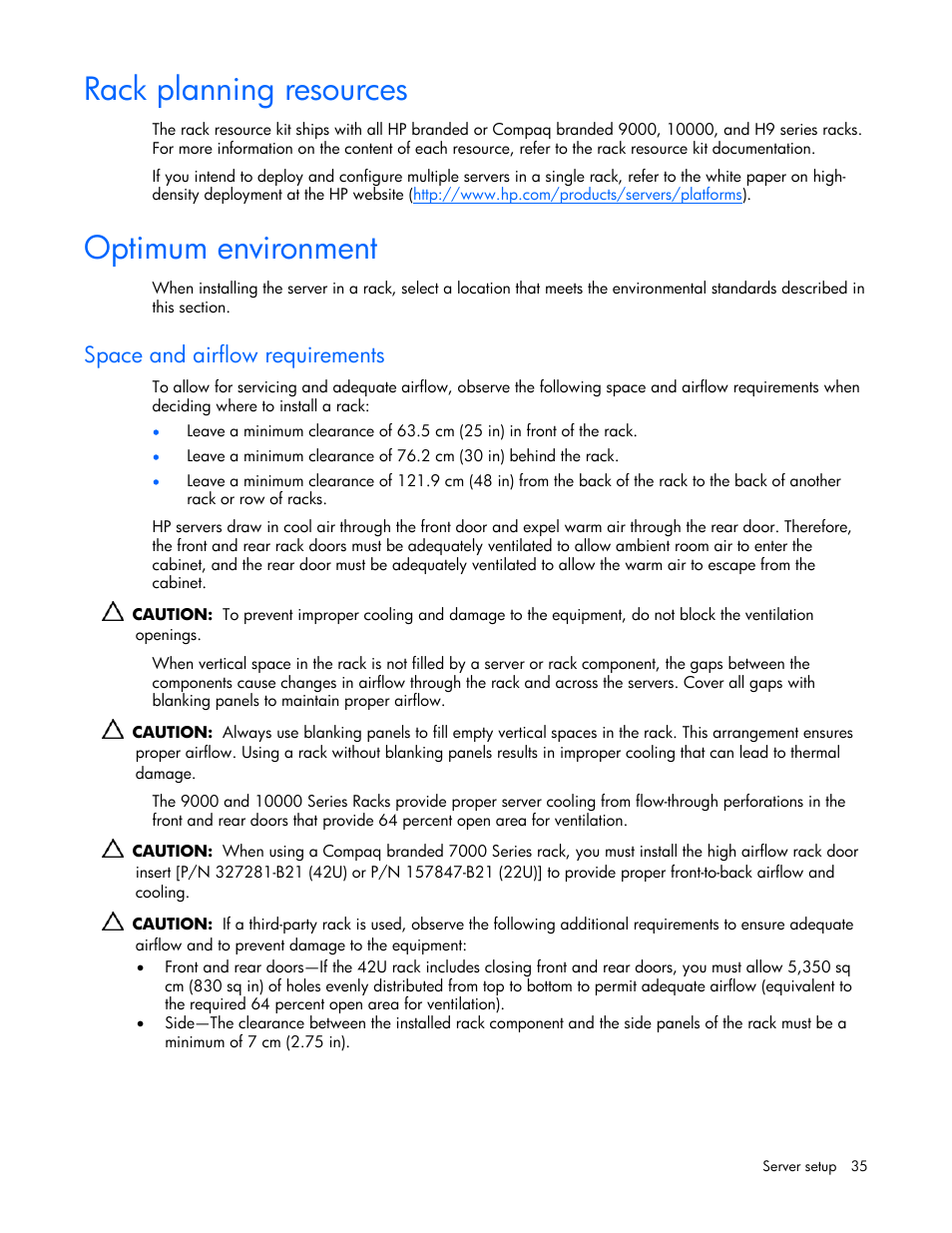 Rack planning resources, Optimum environment, Space and airflow requirements | 35 optimum environment | HP DL385 User Manual | Page 35 / 124