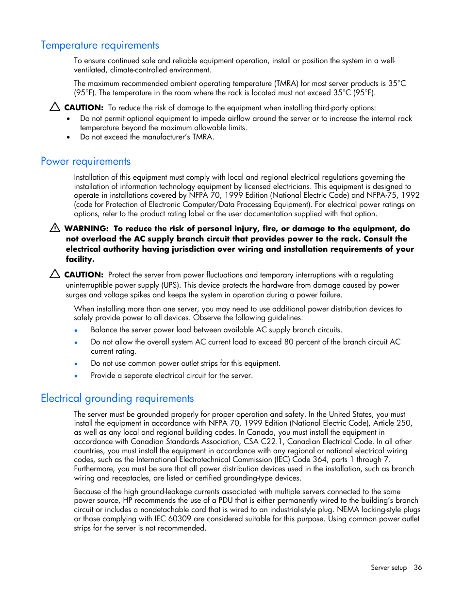 Temperature requirements, Power requirements, Electrical grounding requirements | HP DL385 User Manual | Page 36 / 124