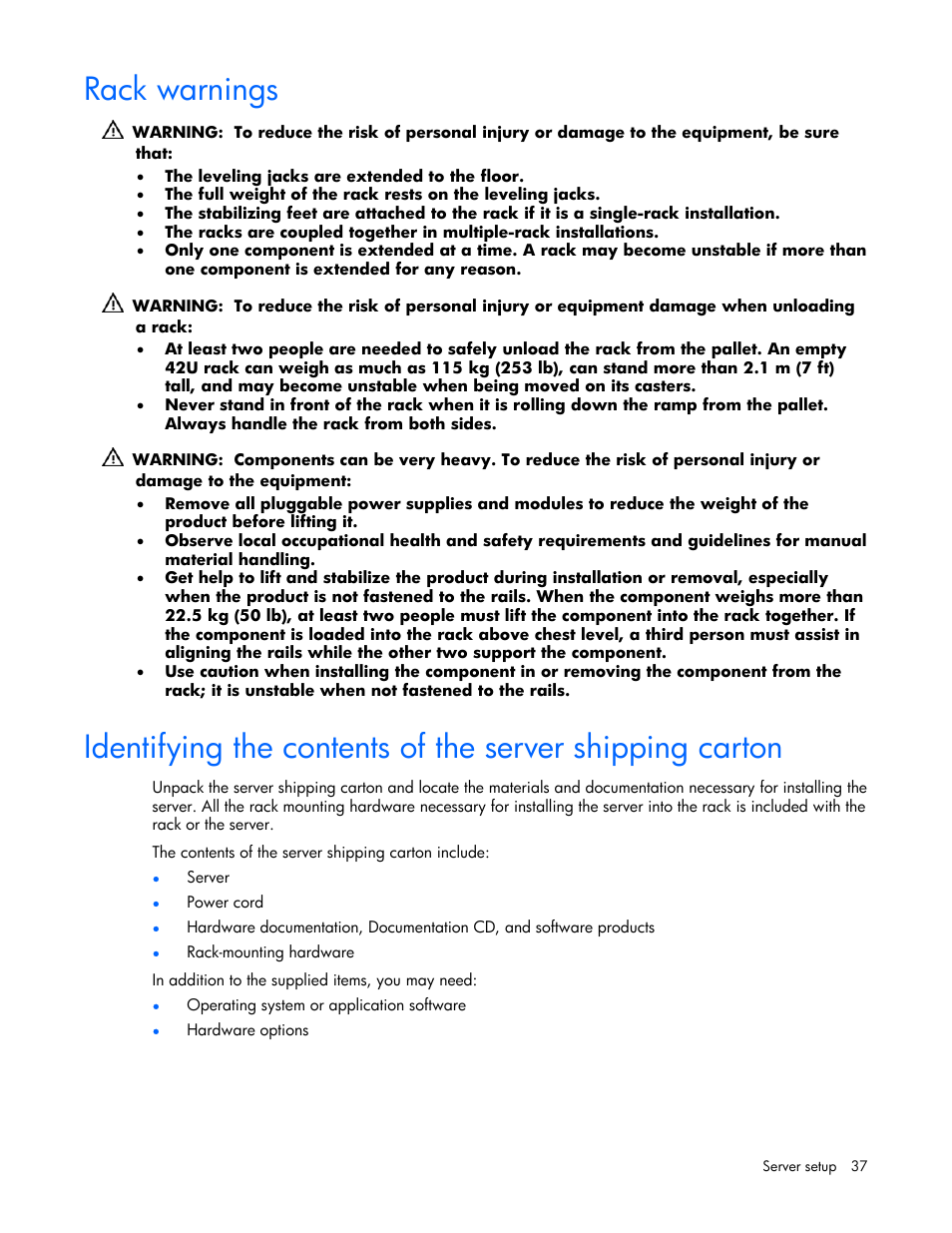 Rack warnings | HP DL385 User Manual | Page 37 / 124
