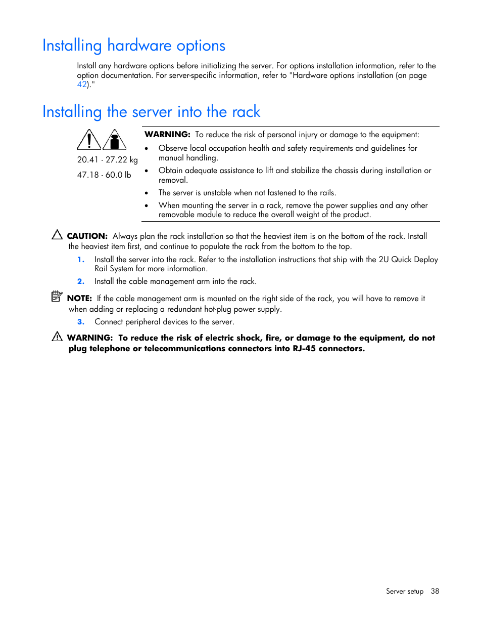 Installing hardware options, Installing the server into the rack, 38 installing the server into the rack | HP DL385 User Manual | Page 38 / 124