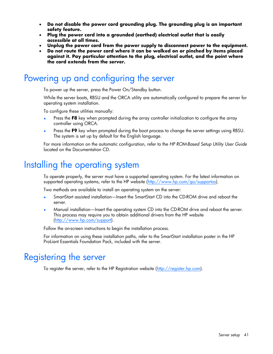 Powering up and configuring the server, Installing the operating system, Registering the server | HP DL385 User Manual | Page 41 / 124