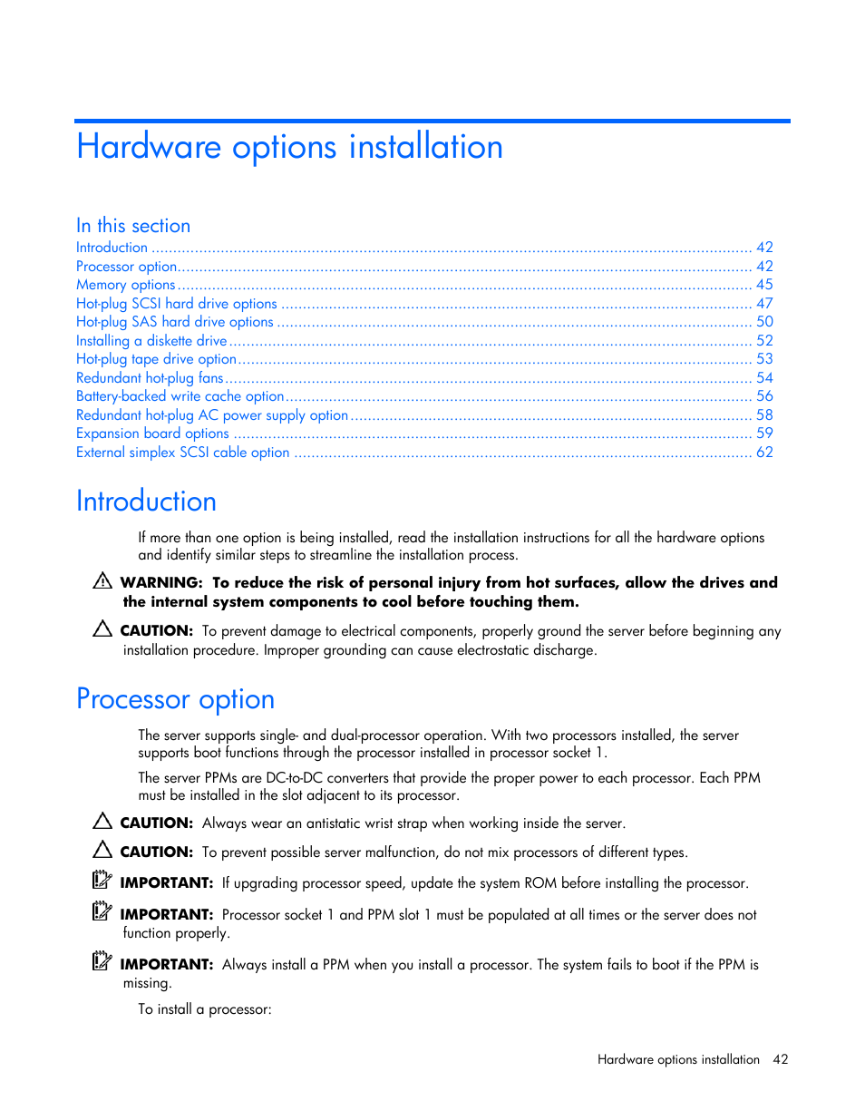 Hardware options installation, Introduction, Processor option | HP DL385 User Manual | Page 42 / 124