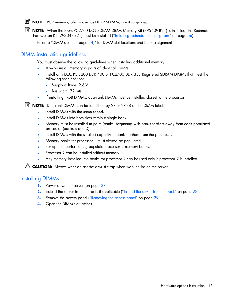 Dimm installation guidelines, Installing dimms | HP DL385 User Manual | Page 46 / 124