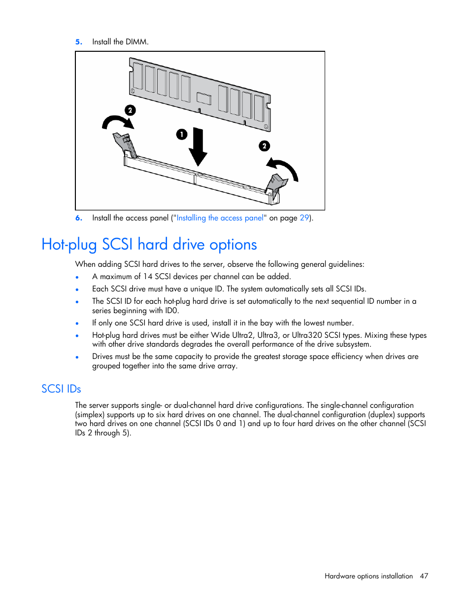 Hot-plug scsi hard drive options, Scsi ids | HP DL385 User Manual | Page 47 / 124