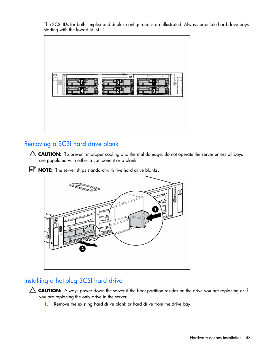 Removing a scsi hard drive blank, Installing a hot-plug scsi hard drive | HP DL385 User Manual | Page 48 / 124