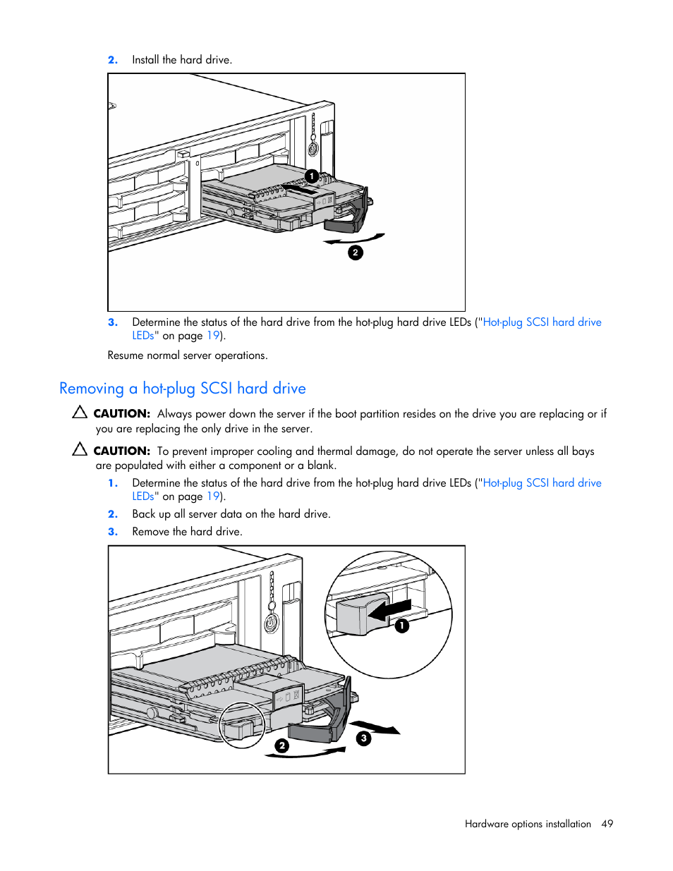 Removing a hot-plug scsi hard drive | HP DL385 User Manual | Page 49 / 124