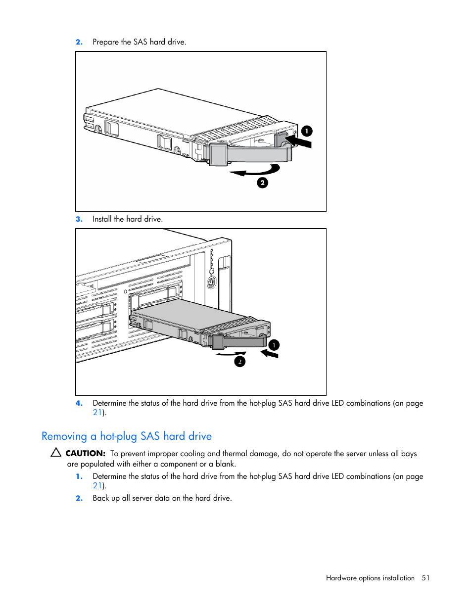 Removing a hot-plug sas hard drive | HP DL385 User Manual | Page 51 / 124