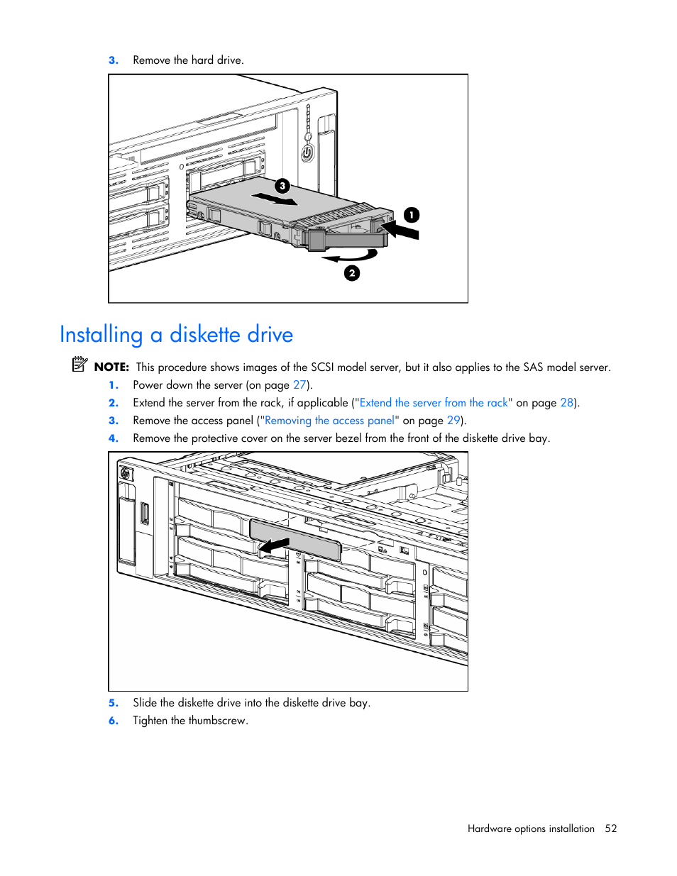 Installing a diskette drive | HP DL385 User Manual | Page 52 / 124