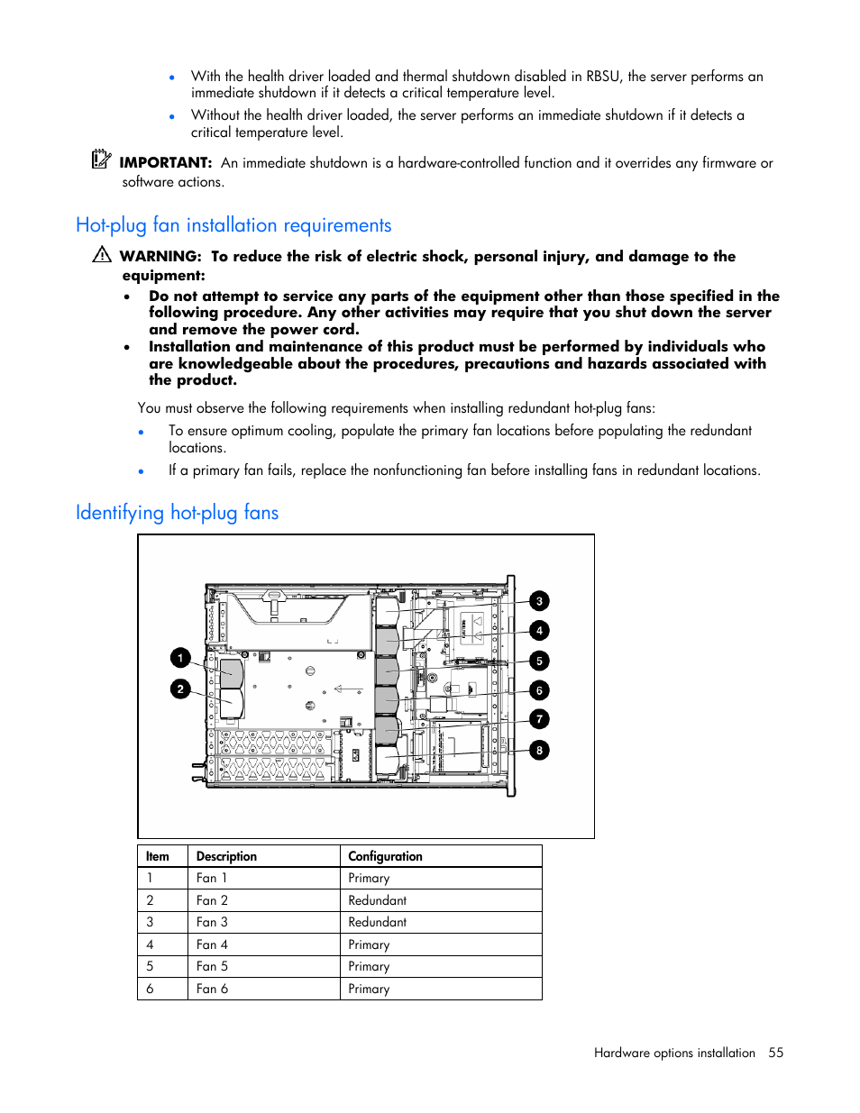 Hot-plug fan installation requirements, Identifying hot-plug fans | HP DL385 User Manual | Page 55 / 124