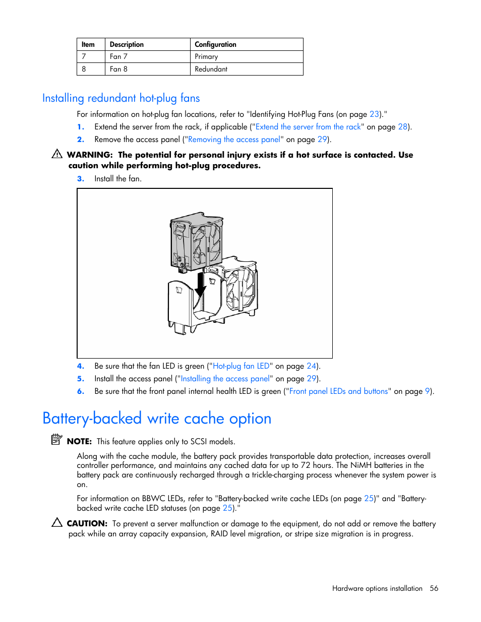 Installing redundant hot-plug fans, Battery-backed write cache option, Stalled | HP DL385 User Manual | Page 56 / 124