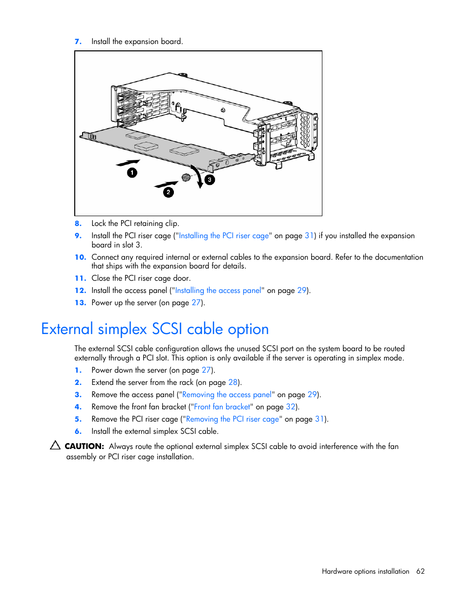 External simplex scsi cable option | HP DL385 User Manual | Page 62 / 124