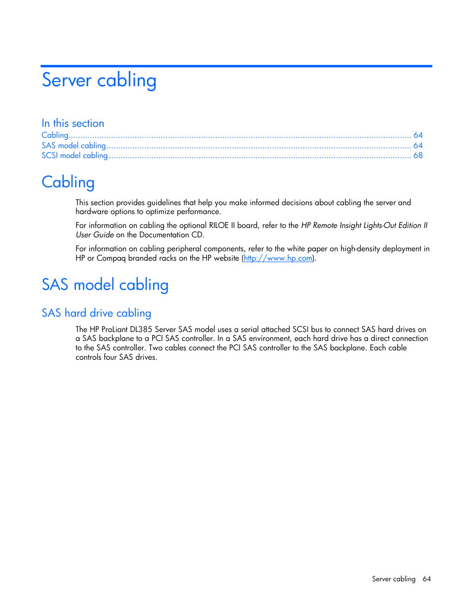 Server cabling, Cabling, Sas model cabling | Sas hard drive cabling | HP DL385 User Manual | Page 64 / 124