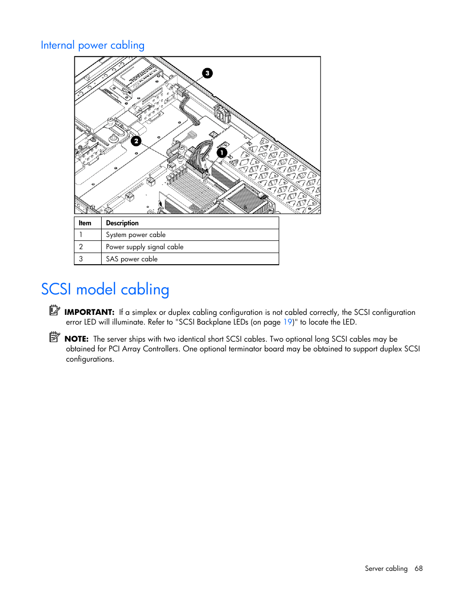 Internal power cabling, Scsi model cabling | HP DL385 User Manual | Page 68 / 124