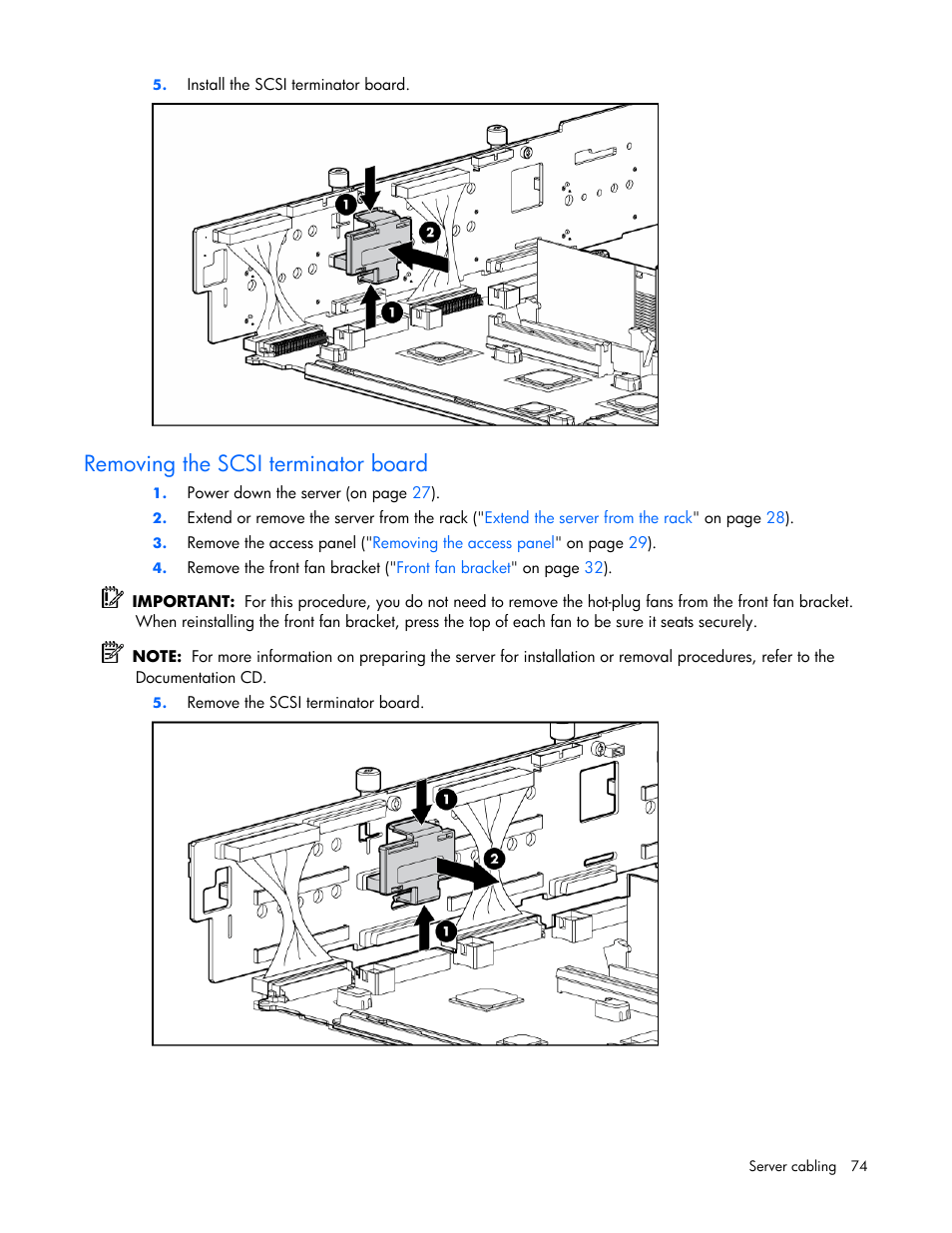 Removing the scsi terminator board | HP DL385 User Manual | Page 74 / 124