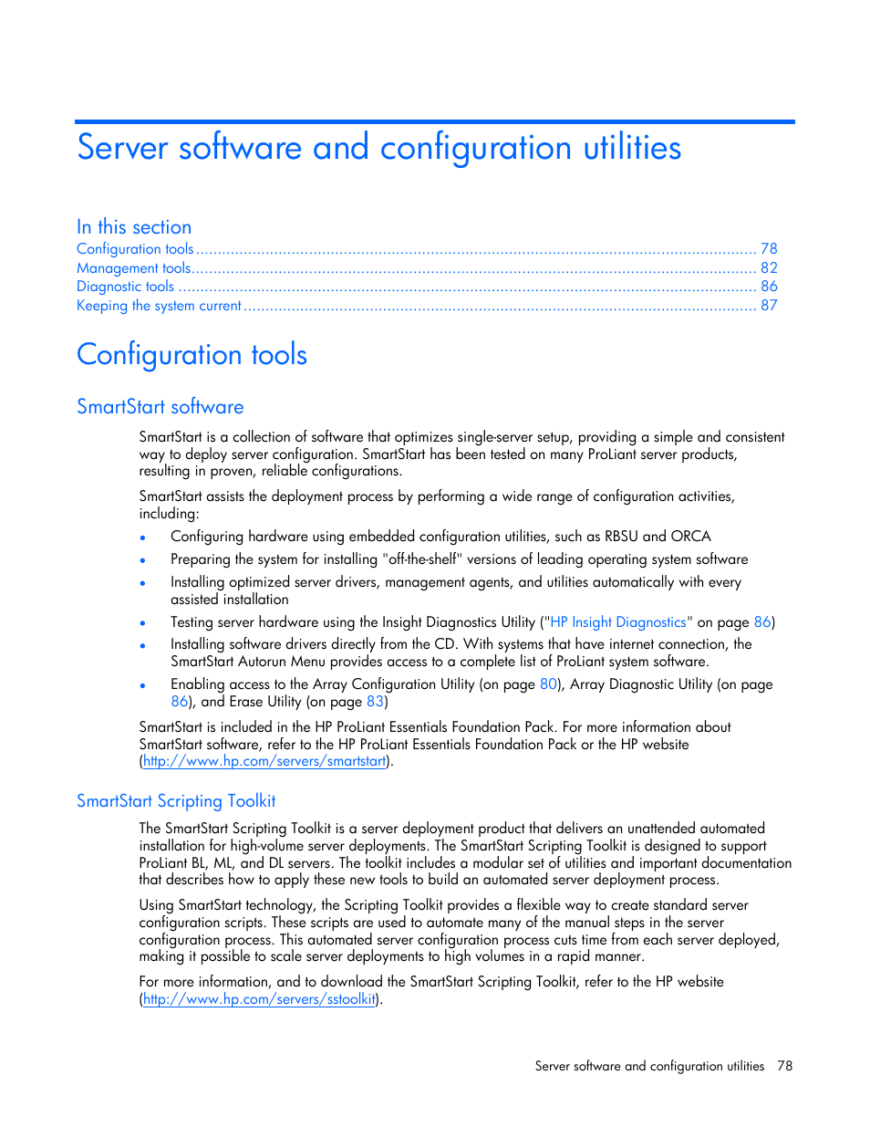 Server software and configuration utilities, Configuration tools, Smartstart software | Smartstart scripting toolkit | HP DL385 User Manual | Page 78 / 124