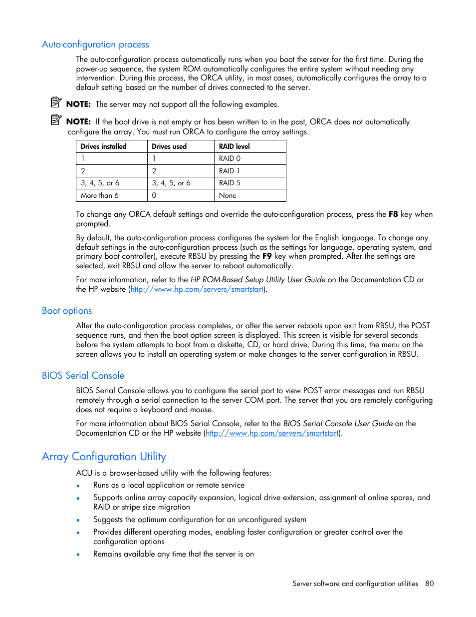 Auto-configuration process, Boot options, Bios serial console | Array configuration utility | HP DL385 User Manual | Page 80 / 124