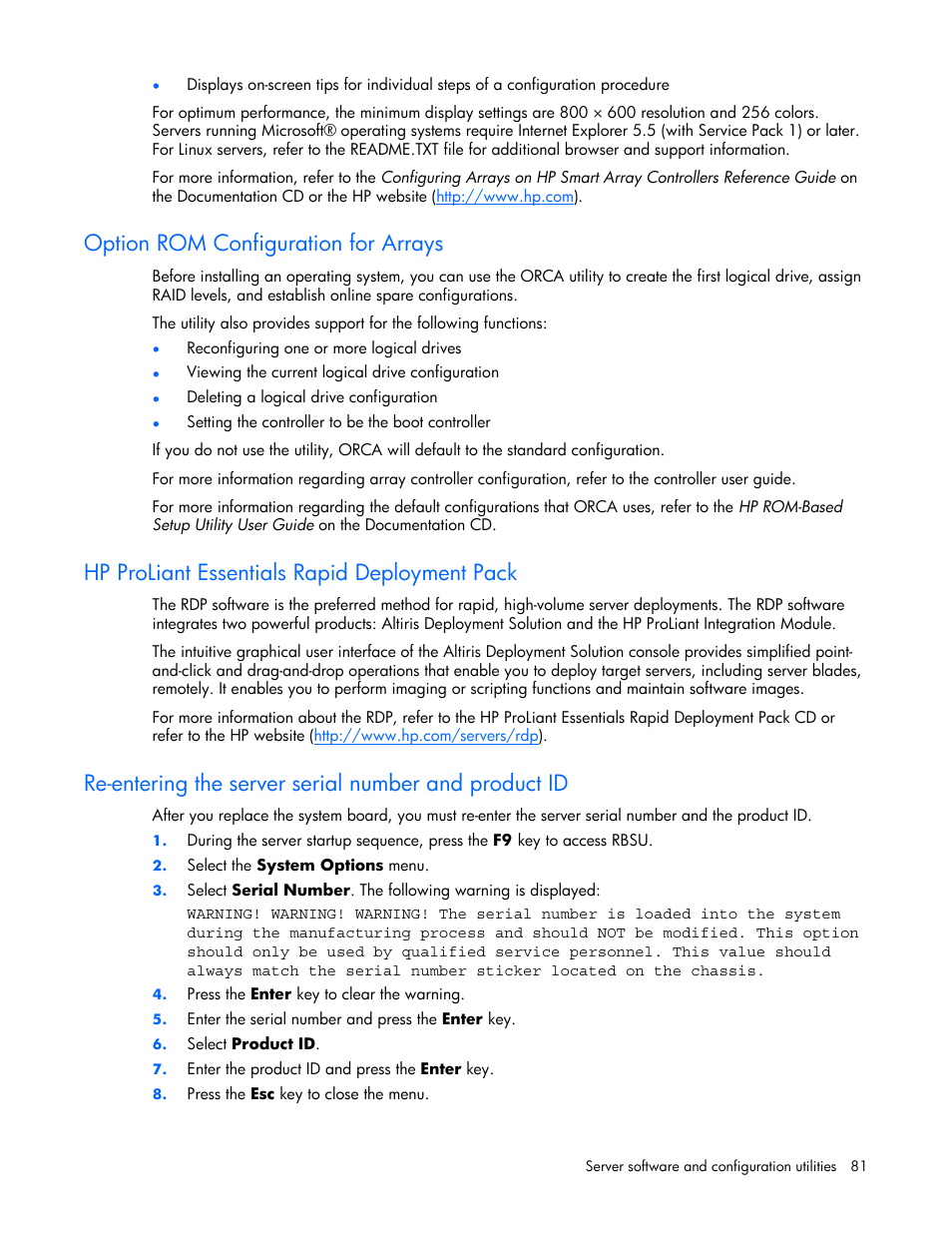 Option rom configuration for arrays, Hp proliant essentials rapid deployment pack | HP DL385 User Manual | Page 81 / 124