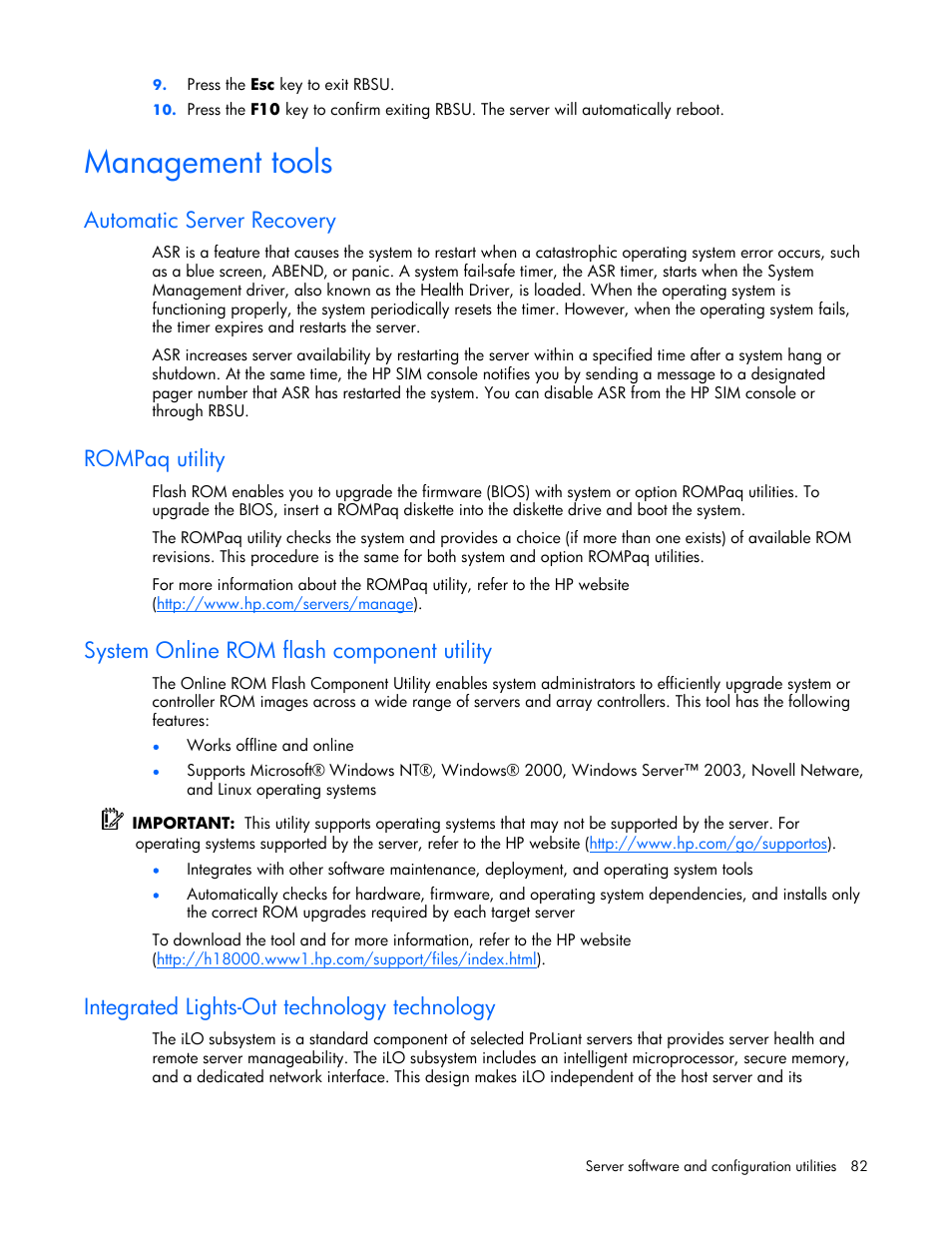 Management tools, Automatic server recovery, Rompaq utility | System online rom flash component utility, Integrated lights-out technology technology | HP DL385 User Manual | Page 82 / 124