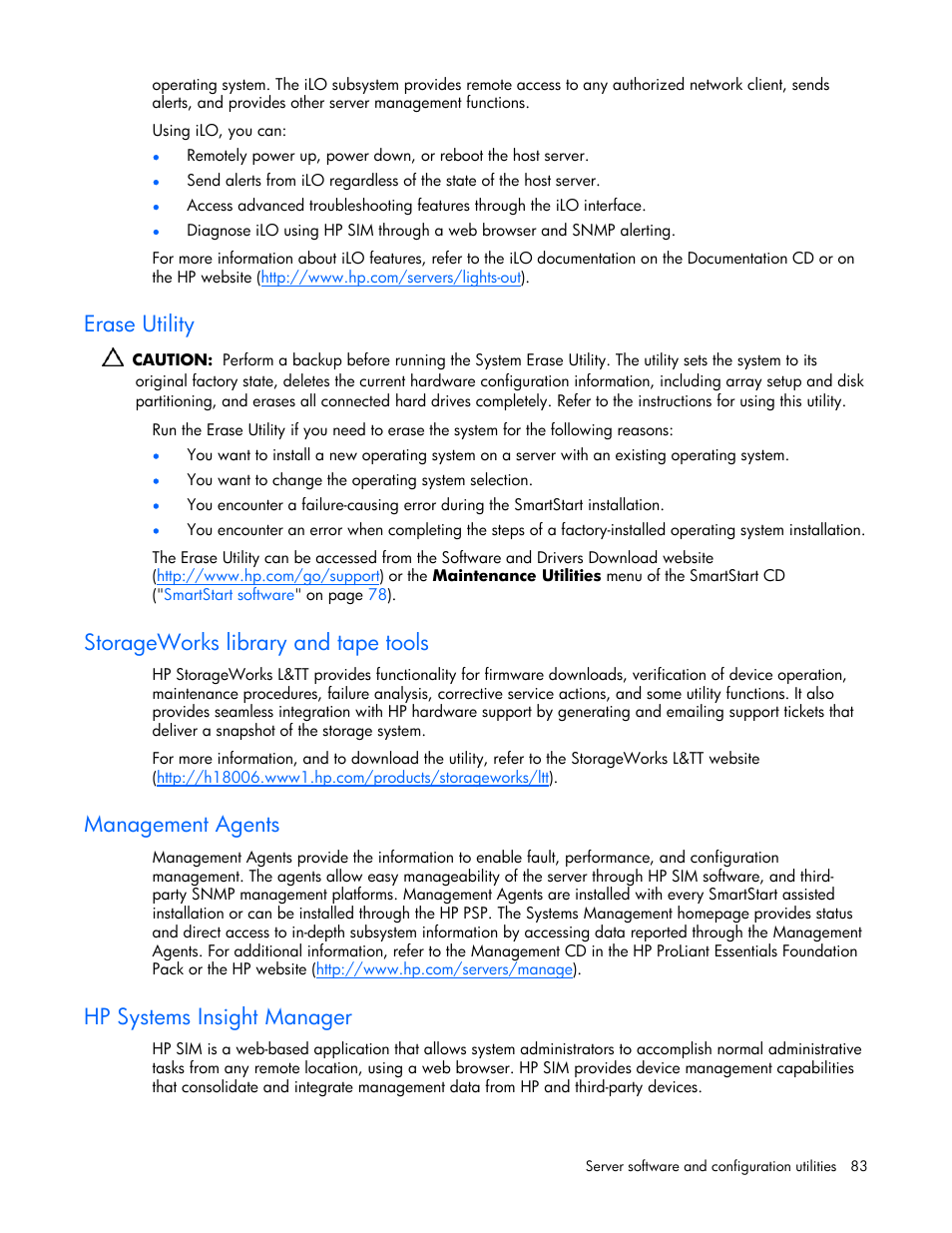 Erase utility, Storageworks library and tape tools, Management agents | Hp systems insight manager, Ent hardware status. in some situations, hp sim, Systems insight manager | HP DL385 User Manual | Page 83 / 124