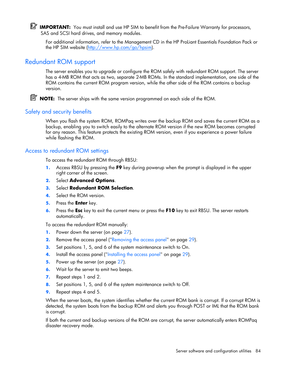 Redundant rom support, Safety and security benefits, Access to redundant rom settings | HP DL385 User Manual | Page 84 / 124