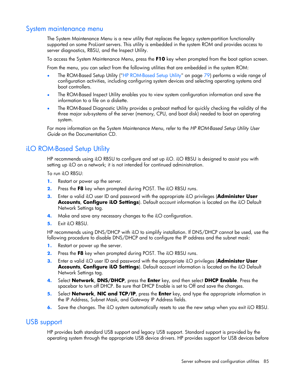 System maintenance menu, Ilo rom-based setup utility, Usb support | HP DL385 User Manual | Page 85 / 124