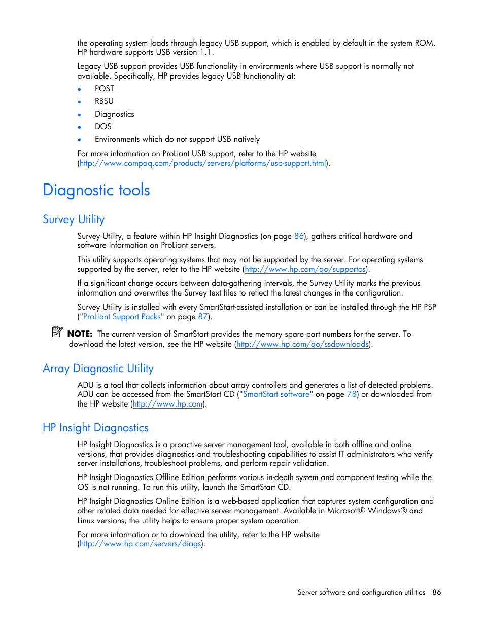 Diagnostic tools, Survey utility, Array diagnostic utility | Hp insight diagnostics, S utility | HP DL385 User Manual | Page 86 / 124