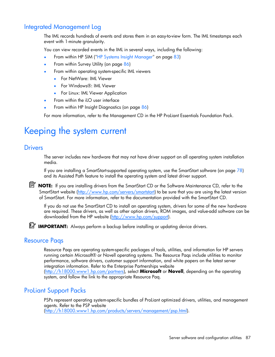 Integrated management log, Keeping the system current, Drivers | Resource paqs, Proliant support packs | HP DL385 User Manual | Page 87 / 124