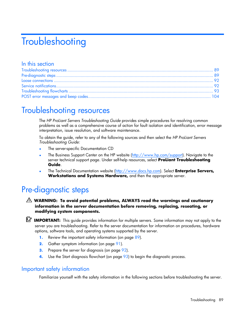 Troubleshooting, Troubleshooting resources, Pre-diagnostic steps | Important safety information | HP DL385 User Manual | Page 89 / 124