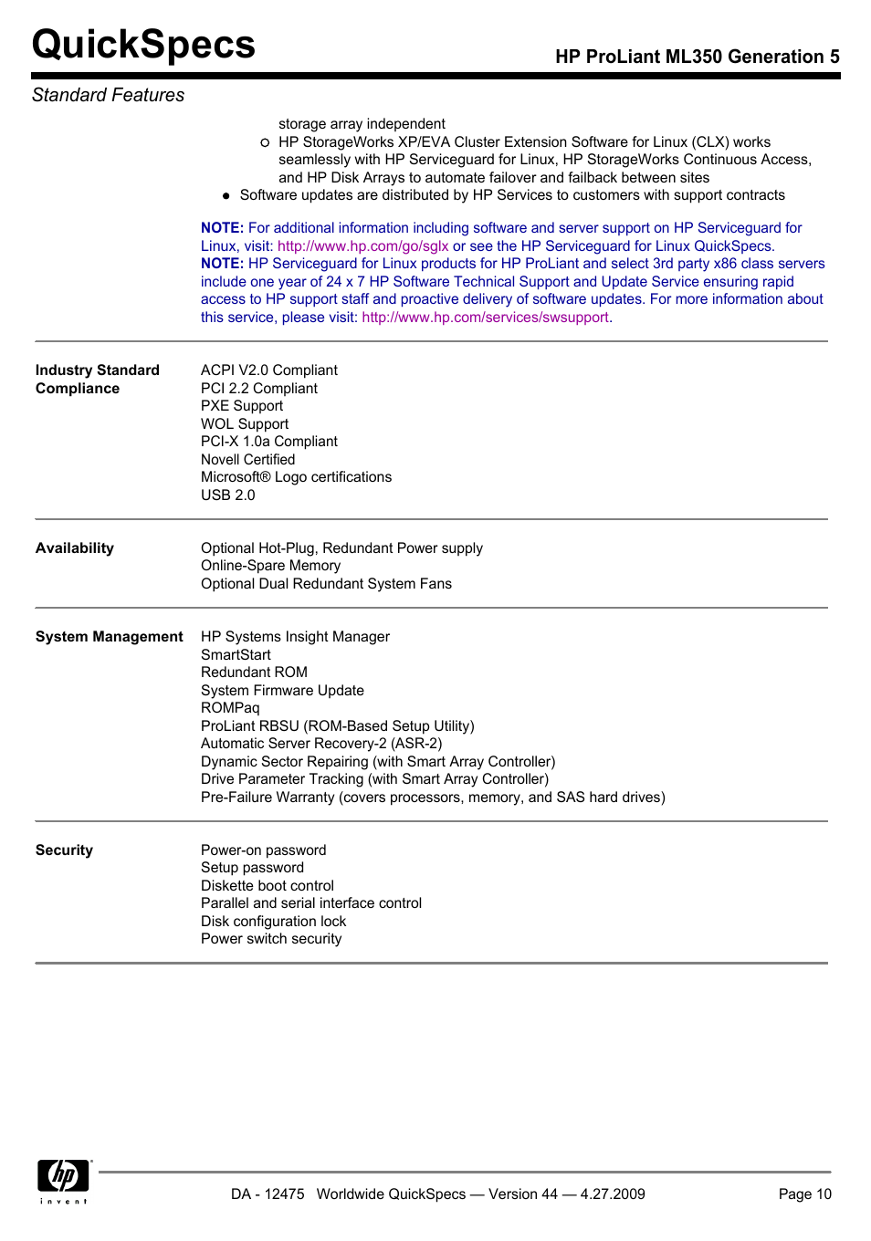 Quickspecs | HP ML350 User Manual | Page 10 / 47