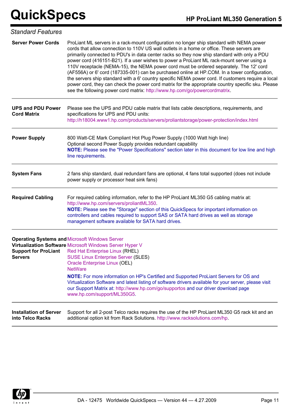 Quickspecs, Hp proliant ml350 generation 5 standard features | HP ML350 User Manual | Page 11 / 47