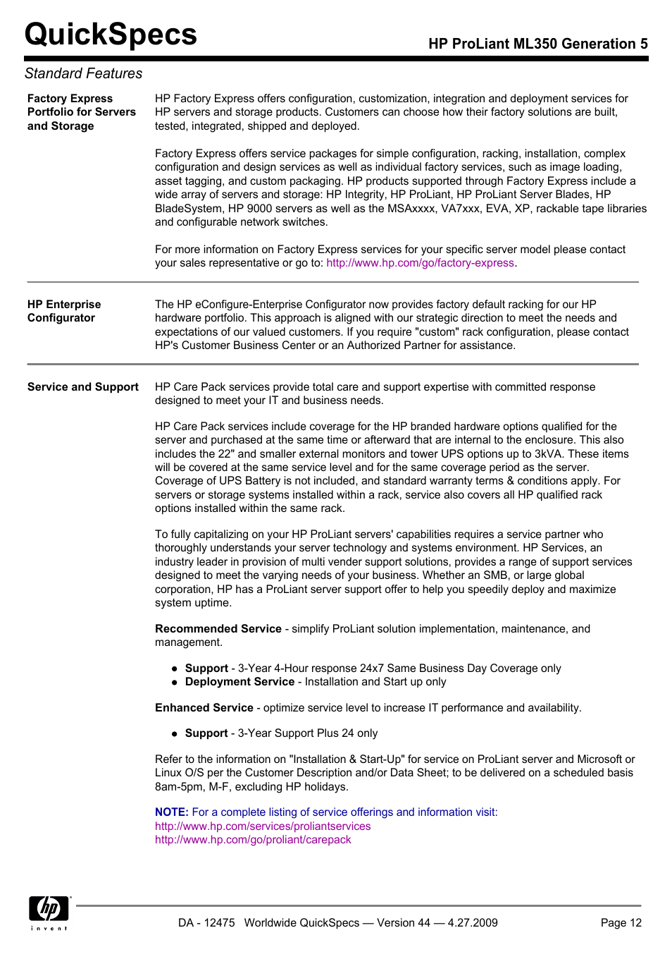 Quickspecs, Hp proliant ml350 generation 5 standard features | HP ML350 User Manual | Page 12 / 47