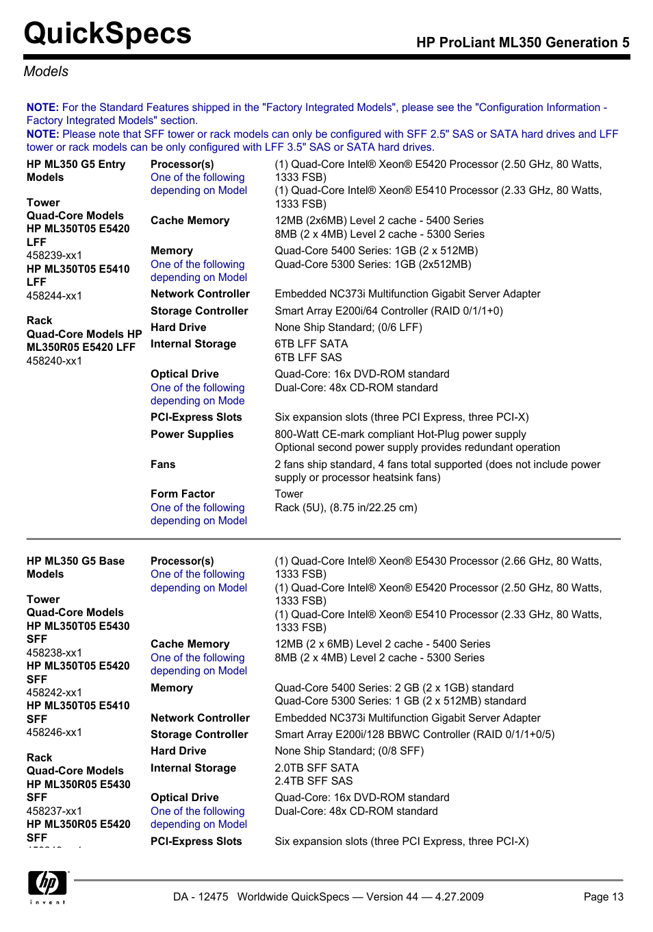 Models, Quickspecs, Hp proliant ml350 generation 5 models | HP ML350 User Manual | Page 13 / 47