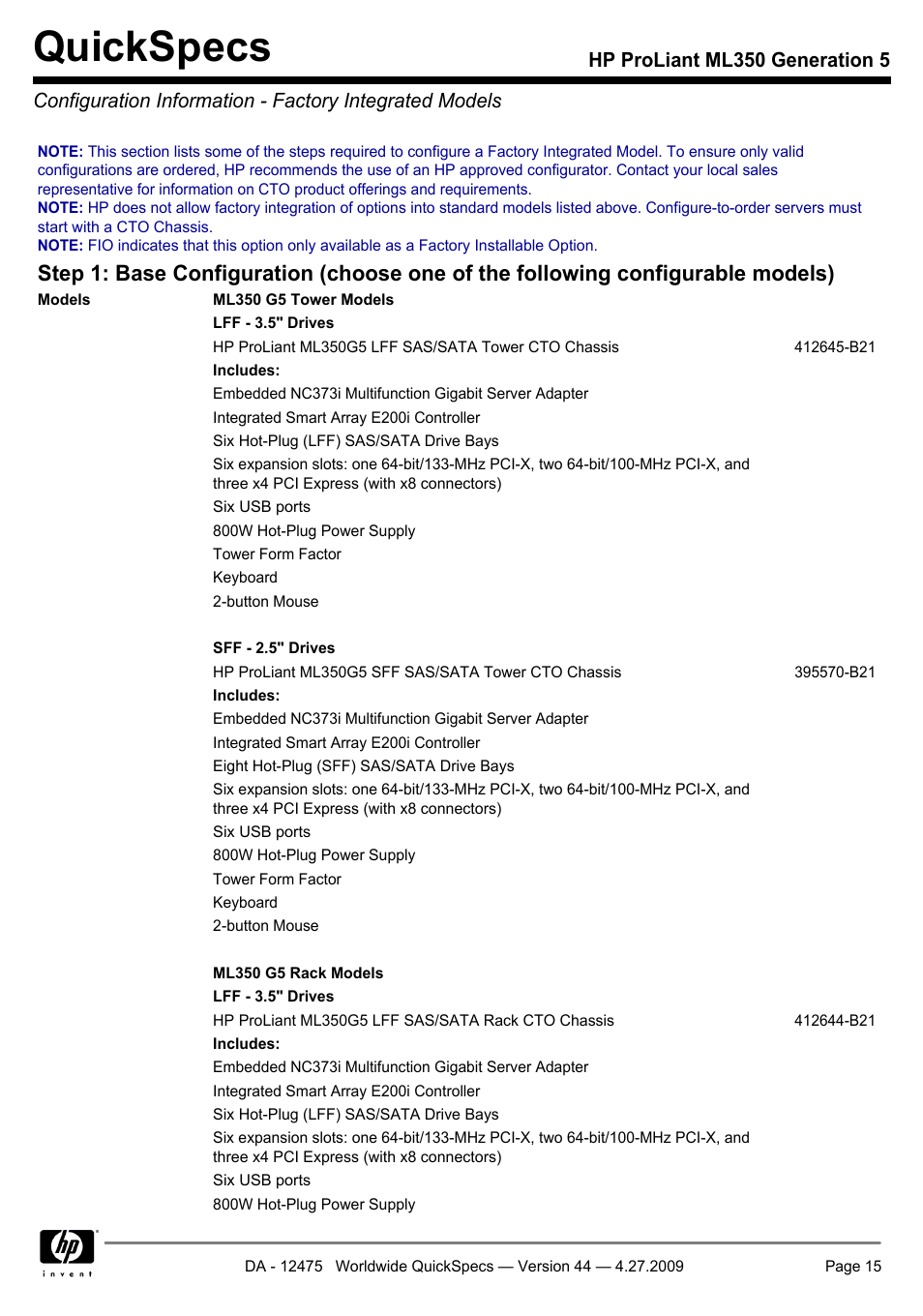 Quickspecs | HP ML350 User Manual | Page 15 / 47