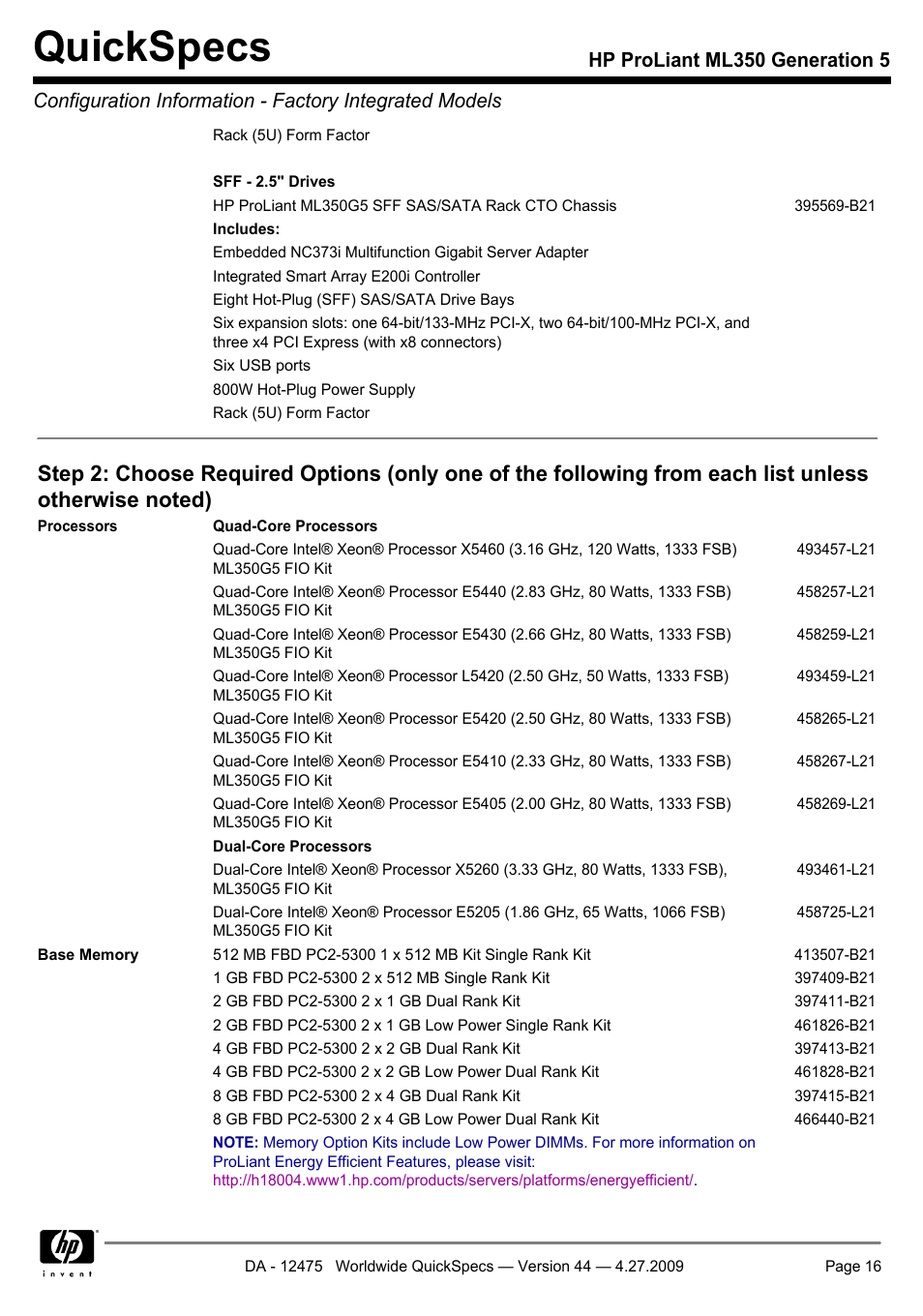 Quickspecs | HP ML350 User Manual | Page 16 / 47