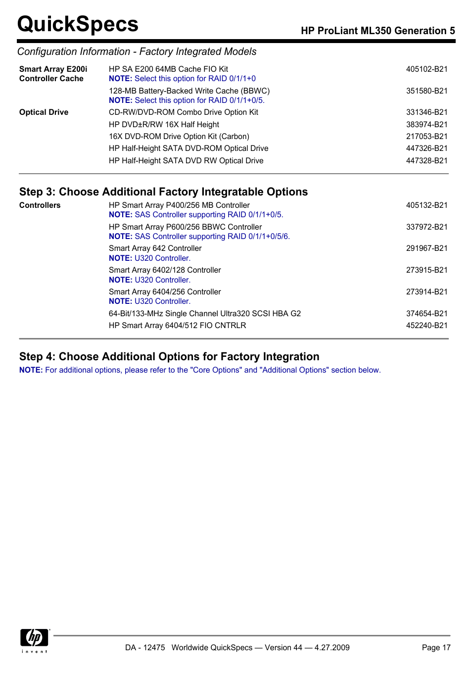 Quickspecs | HP ML350 User Manual | Page 17 / 47