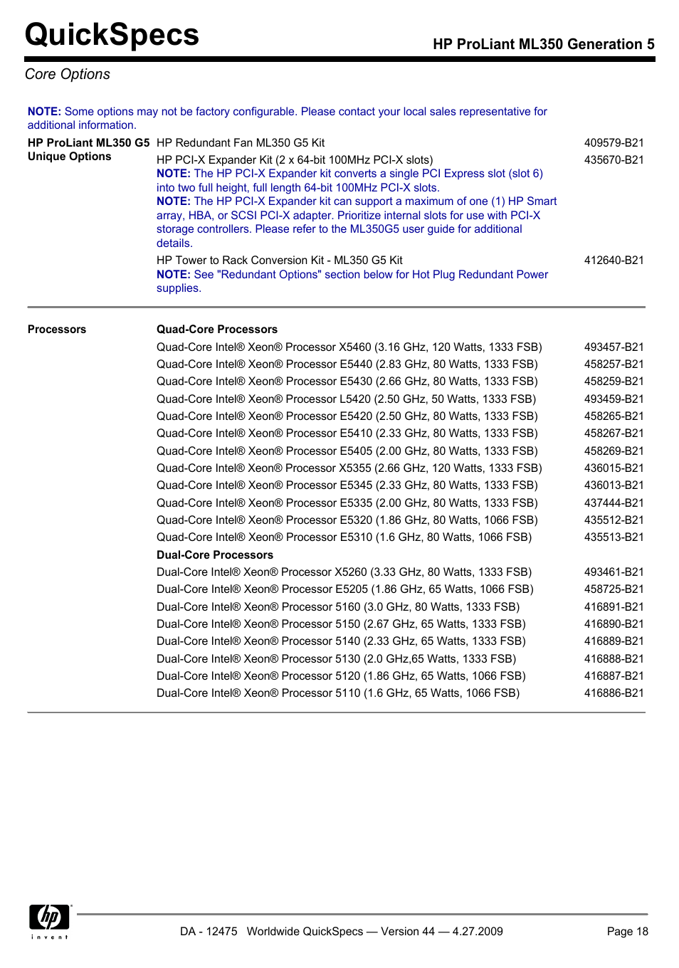 Core options, Quickspecs, Hp proliant ml350 generation 5 core options | HP ML350 User Manual | Page 18 / 47