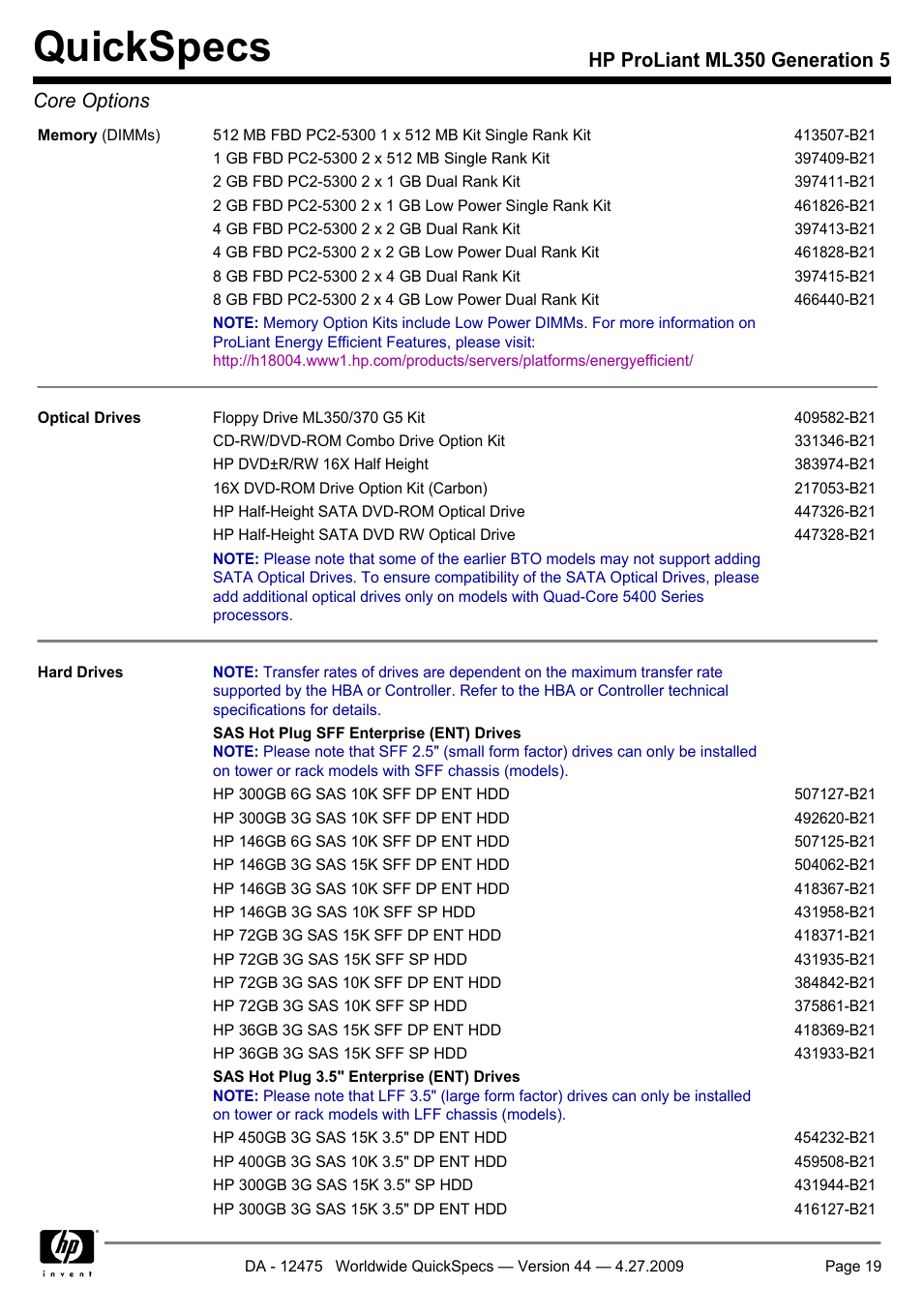 Quickspecs, Hp proliant ml350 generation 5 core options | HP ML350 User Manual | Page 19 / 47