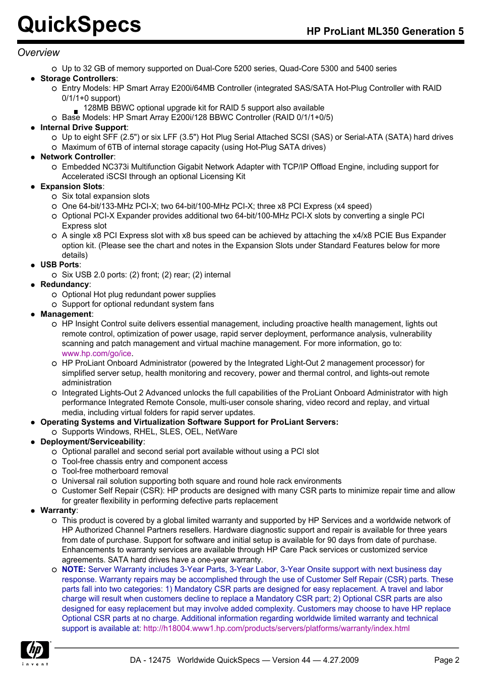 Quickspecs, Hp proliant ml350 generation 5 overview | HP ML350 User Manual | Page 2 / 47