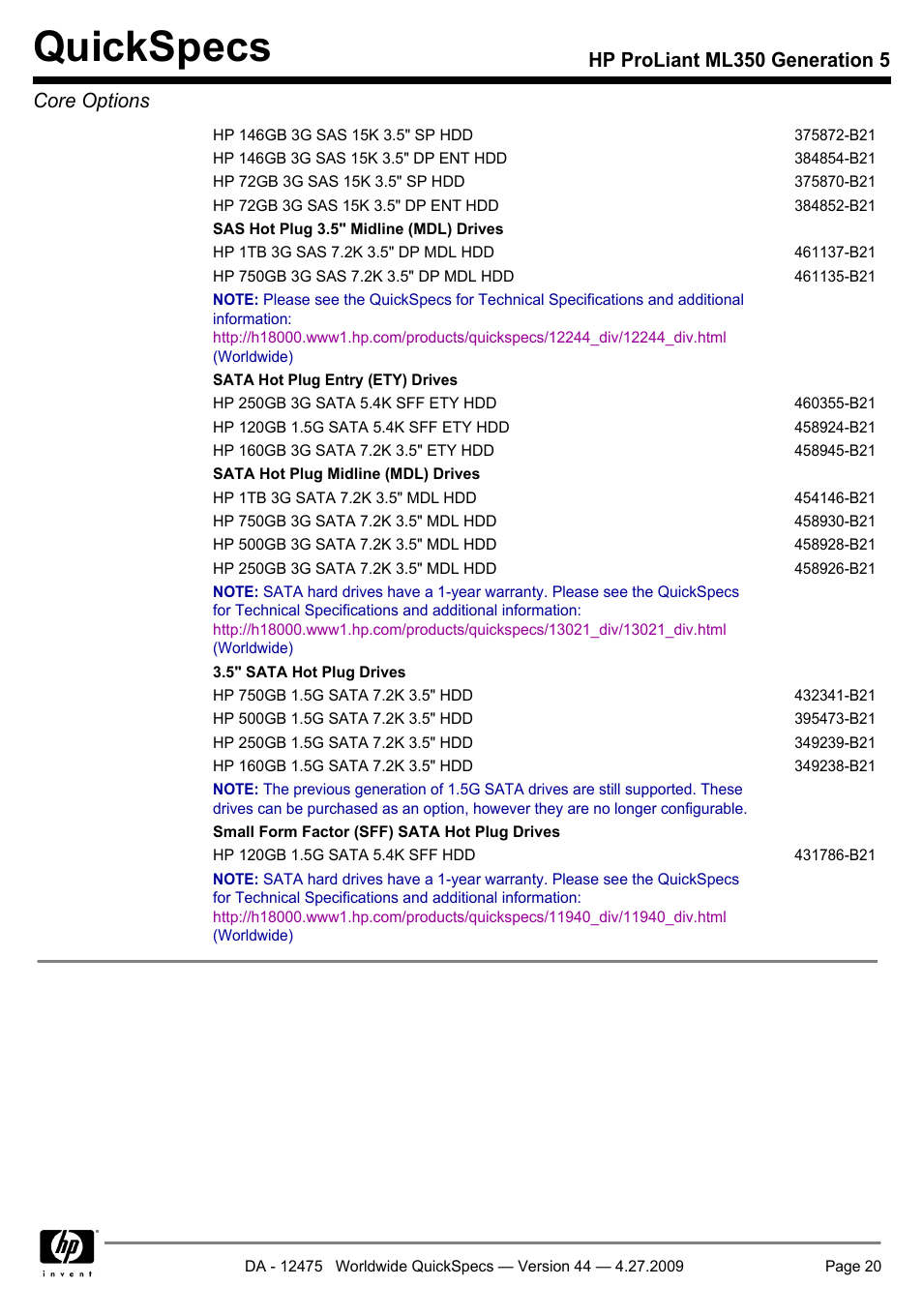 Quickspecs, Hp proliant ml350 generation 5 core options | HP ML350 User Manual | Page 20 / 47