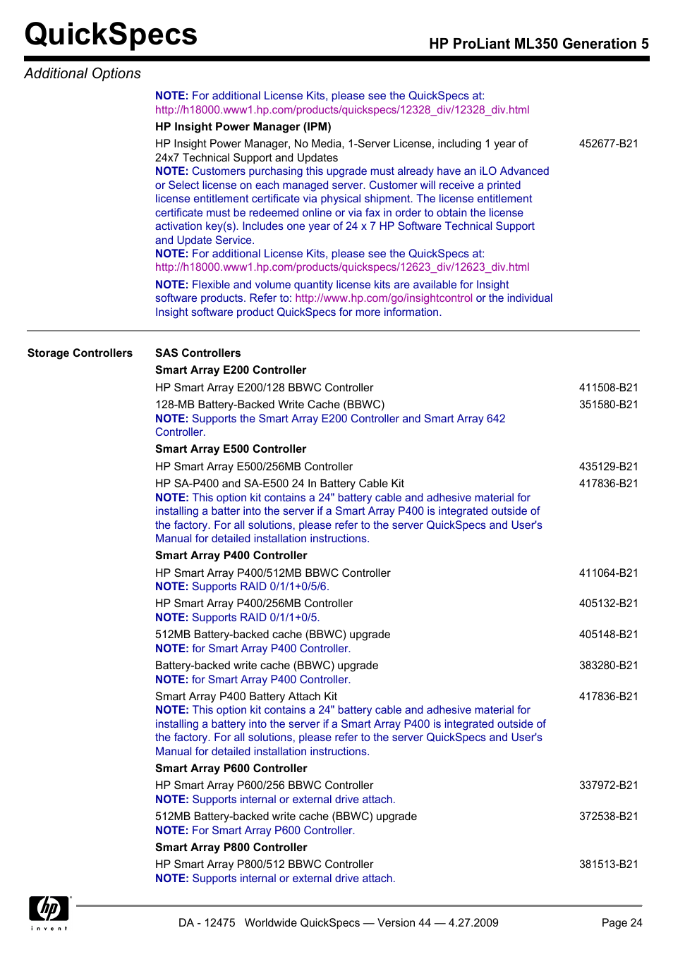 Quickspecs, Hp proliant ml350 generation 5 additional options | HP ML350 User Manual | Page 24 / 47