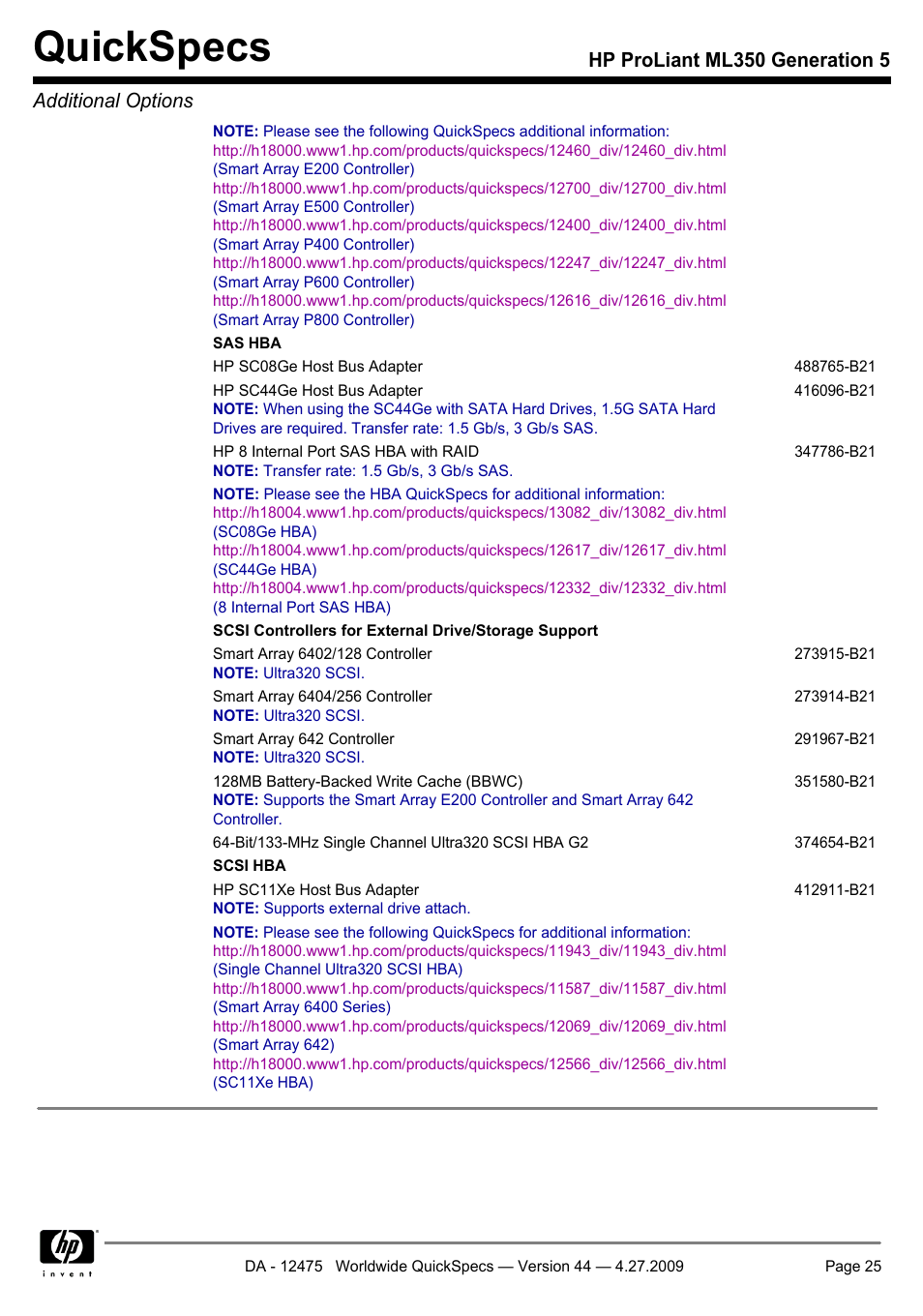 Quickspecs, Hp proliant ml350 generation 5 additional options | HP ML350 User Manual | Page 25 / 47