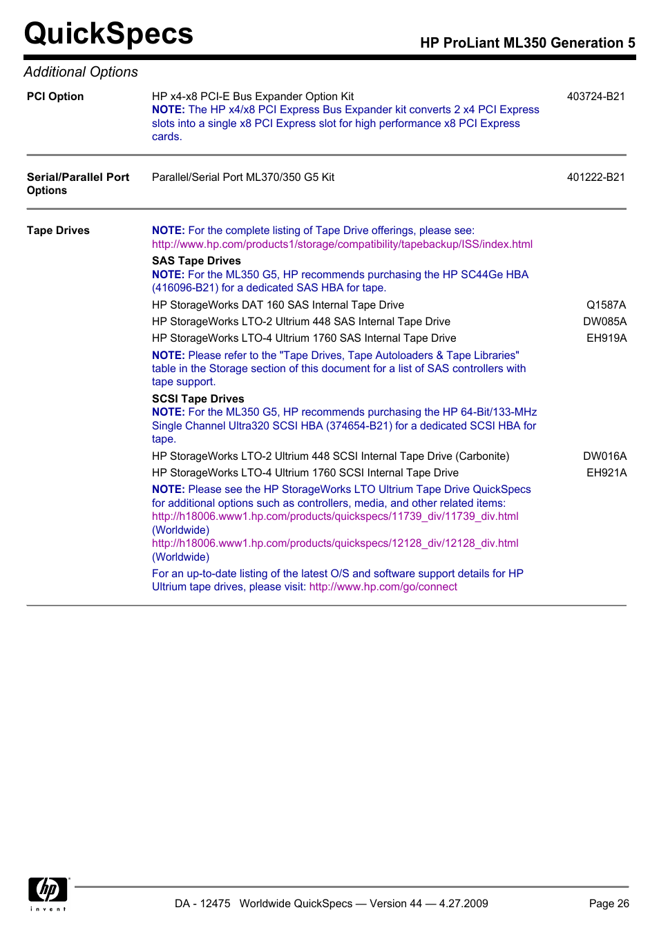 Quickspecs, Hp proliant ml350 generation 5 additional options | HP ML350 User Manual | Page 26 / 47