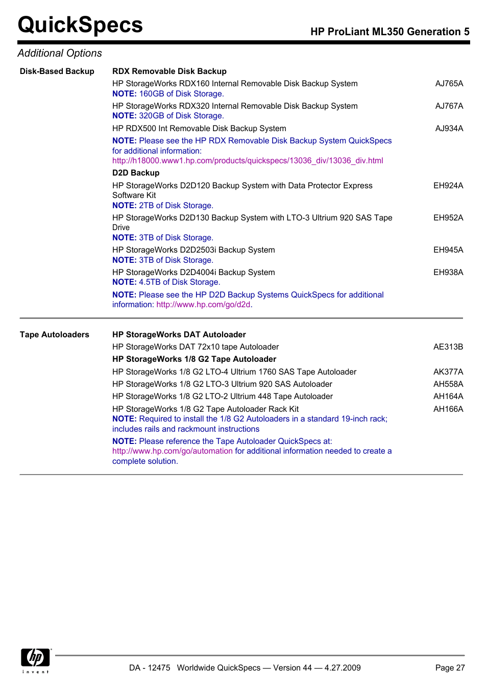 Quickspecs, Hp proliant ml350 generation 5 additional options | HP ML350 User Manual | Page 27 / 47