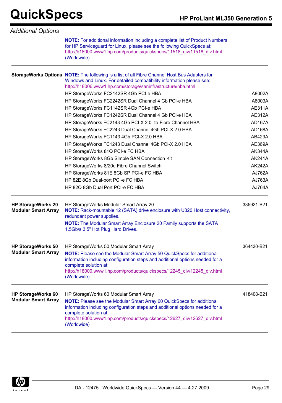 Quickspecs, Hp proliant ml350 generation 5 additional options | HP ML350 User Manual | Page 29 / 47