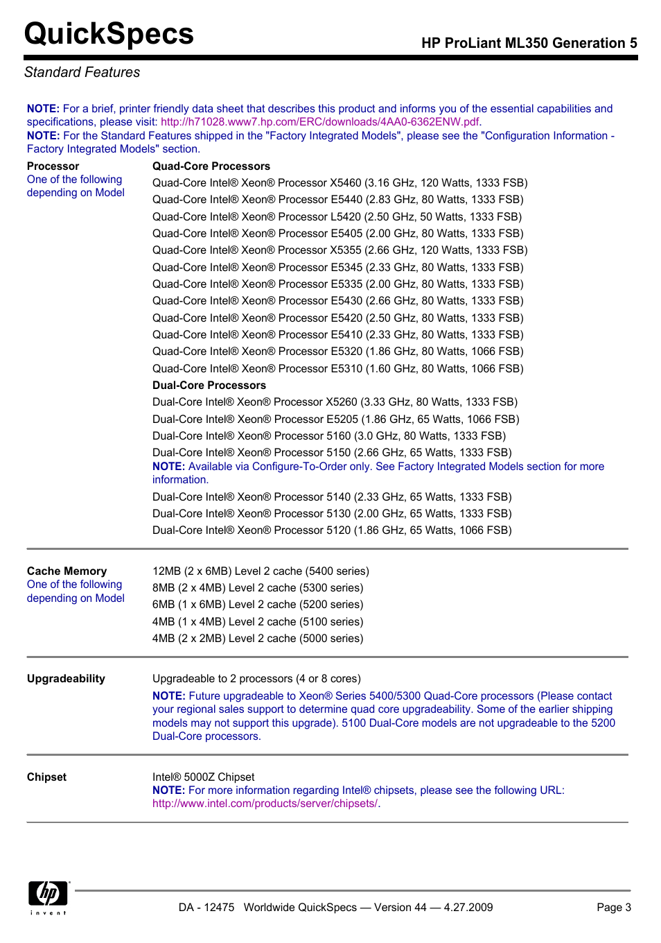 Standard features, Quickspecs, Hp proliant ml350 generation 5 standard features | HP ML350 User Manual | Page 3 / 47