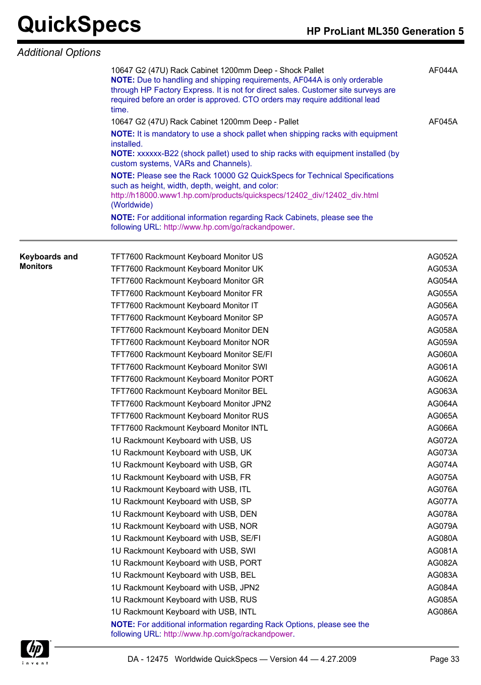 Quickspecs, Hp proliant ml350 generation 5 additional options | HP ML350 User Manual | Page 33 / 47