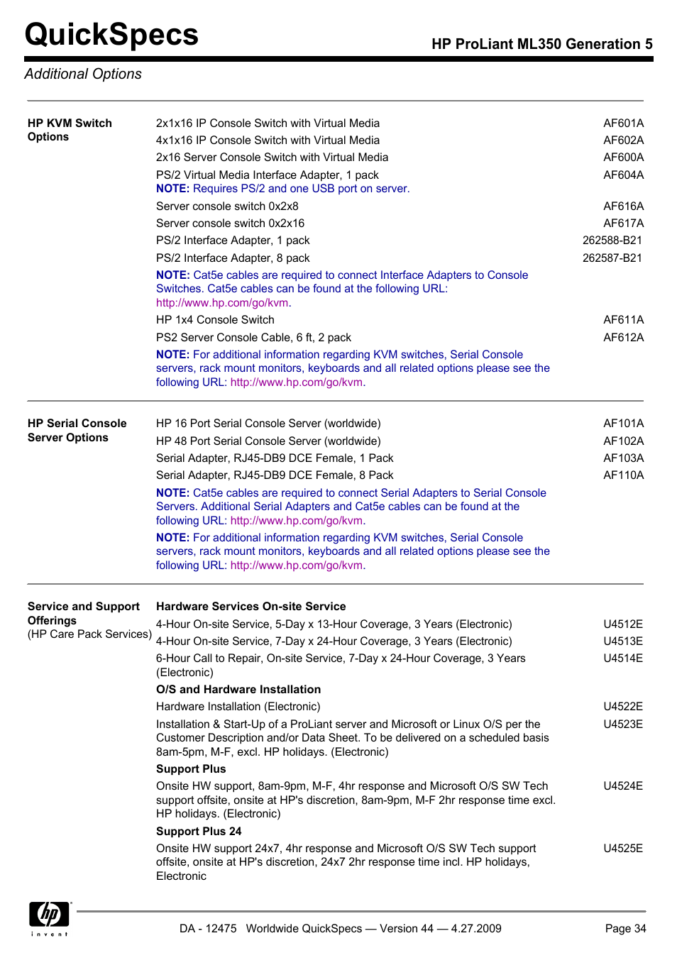 Quickspecs, Hp proliant ml350 generation 5 additional options | HP ML350 User Manual | Page 34 / 47