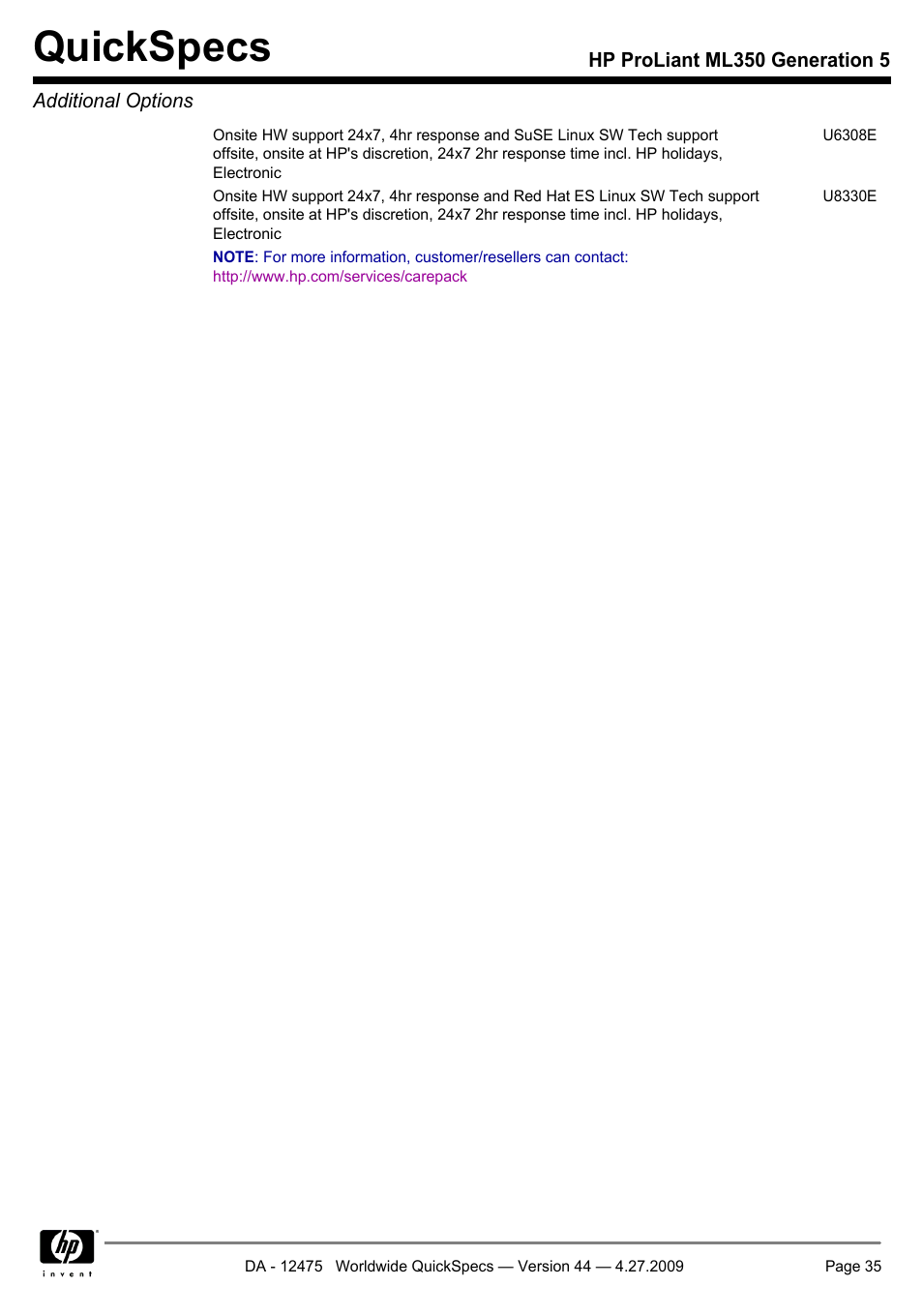 Quickspecs | HP ML350 User Manual | Page 35 / 47